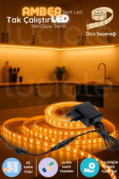 luciole 3 Metre NeoGlow Serisi LED Işık Şeridi – Amber Tonlu 60 Çipli 12V Tak Çalıştır Aydınlatma Bandı ürün görseli 1
