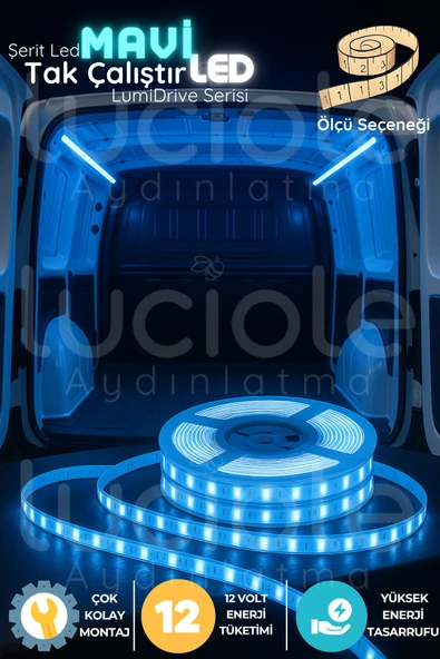 luciole LumiDrive 4m Mavi LED Şerit – 12V, 240 Adet 2835 LED, Kesilebilir, Yapışkanlı, Bağlantıya Hazır ürün görseli 1