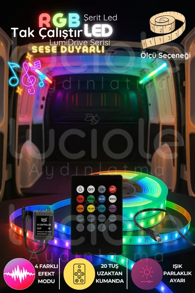 luciole LumiDrive 3m RGB 5050 LED Şerit – Müzikle Senkron Işık, 20 Tuş Kumanda, Ses Modül Seti 12V ürün görseli 1
