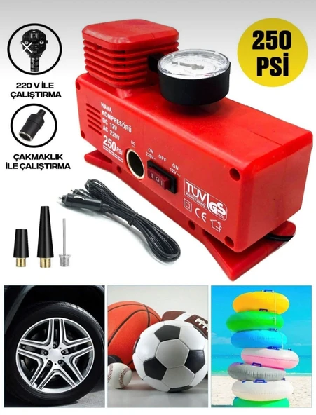 Pro Seri 220 Volt-12 Volt 250 Psi Psi Kompresör Lastik Hava Şişirme Oto Pompası Fişli Çakmaklıklı ürün görseli 1