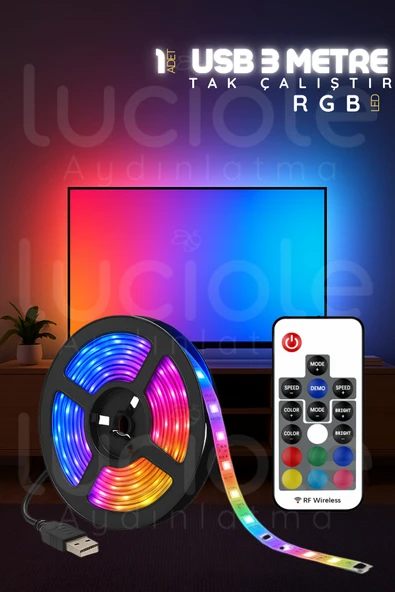 luciole RGB Şerit LED Işık 3 Metre | USB Girişli Kumandalı Ambiyans Lamba – TV Arkası & Lambader Alternatifi ürün görseli 1
