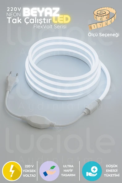 luciole 1 Metre FlexVolt 220V Tak Çalıştır Soğuk Beyaz LED Neon Şerit Işık – Yüksek Parlaklık ürün görseli 1