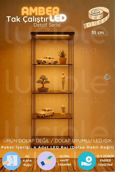luciole LED Bar Aydınlatma Seti 4’lü 35cm Amber Işık Şeffaf Kablo Tak Çalıştır Anahtarlı ürün görseli 1