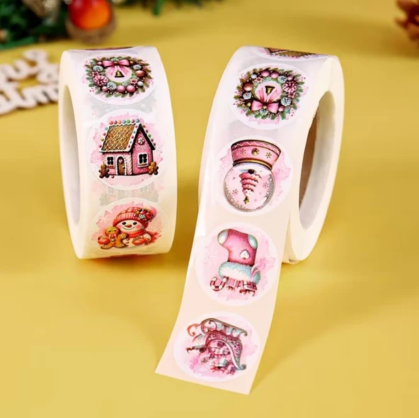 Rulo, 500 adet Pembe Noel Yuvarlak Etiketler, Noel Baba Kardan Adam ürün görseli 1