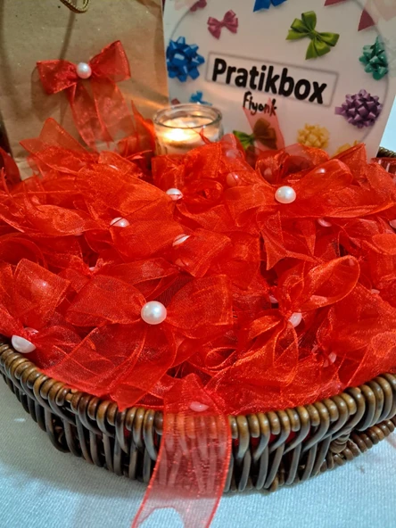 Pratikbox Fiyonk / Tül 2cm'lik / Hediyelik / Süsleme / Kırmızı Renk/Yarım İnci Boncuklu / 50 Adet ürün görseli 1