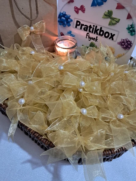 Pratikbox Fiyonk / Tül 2cm'lik / Hediyelik / Süsleme / Altın Renk/Yarım İnci Boncuklu / 50 Adet ürün görseli 1