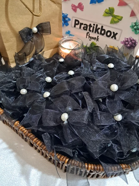 Pratikbox Fiyonk / Tül 2cm'lik / Hediyelik / Süsleme / Siyah Renk/Yarım İnci Boncuklu / 50 Adet ürün görseli 1