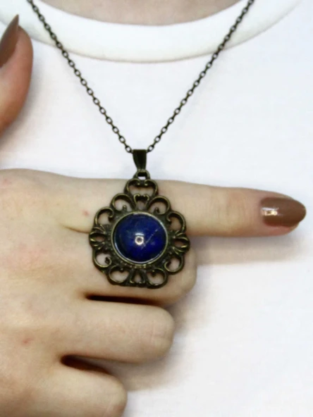 Doğal Taş Lapis Doğal Taşlı Desenli Otantik Kadın Kolye 45 Cm Zincirli euk32lps ürün görseli 1