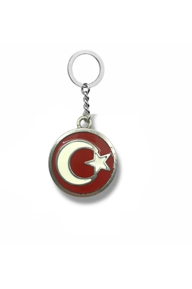 Kırmızı Zeminli Ay Yıldız Figürlü Gümüş Renk Metal Anahtarlık – Millî Ruhlu Parlak Tasarım ürün görseli 1