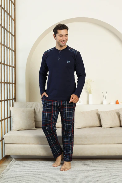 Erkek %100 İnterlok Pamuk Kumaş Ekose Bloklu Pijama Takımı 12481 ürün görseli 1