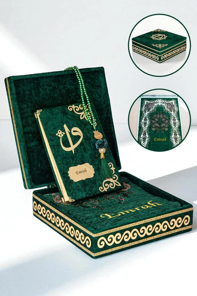 Sandıklı Kişiye Özel İsimli Seccade Seti - Hediyelik Kadife Kaplı Kuranı Kerim Seti - Yeşil ürün görseli 1