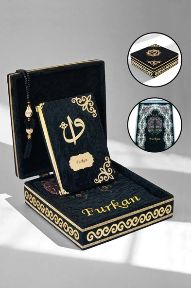 Sandıklı Kişiye Özel İsimli Seccade Seti - Hediyelik Kadife Kaplı Kuranı Kerim Seti - Siyah ürün görseli 1