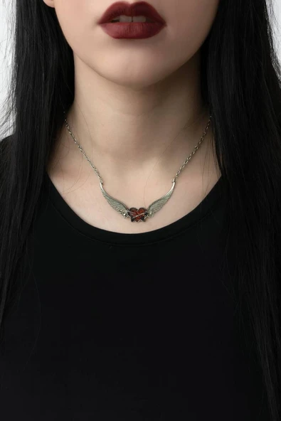 Kartal Kanatlı Gotik Kırmızı Kalp Kolye – Unisex 60 cm Zincirli Özel Tasarım ürün görseli 1