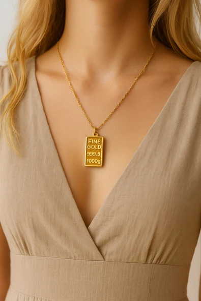 Külçe Gold Bar Kadın Kolye – Zarif Metal Görünümlü Takı ürün görseli 1