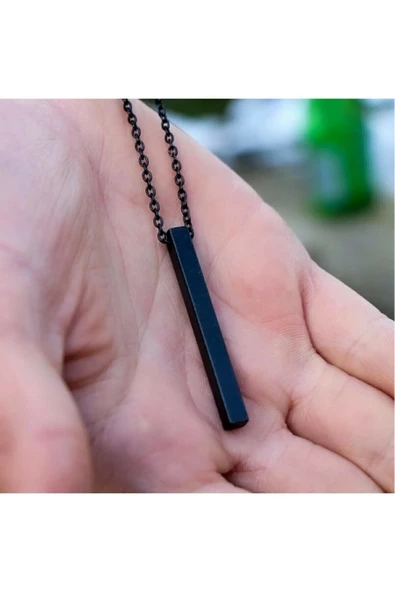 Uzun Dikdörtgen Bar Siyah Çelik Kolye 70cm - Resim 5