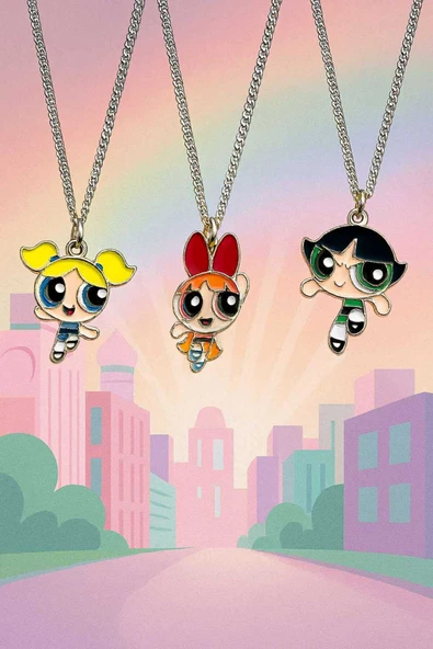 Powerpuff Girls Bff 3'lü Kolye Seti – En İyi Arkadaşlık Kolyesi | Şık Ve Renkli Hediyelik Aksesuar ürün görseli 1