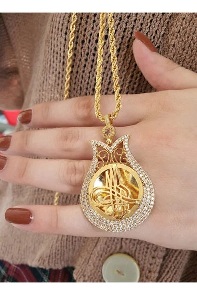 22 Ayar Altın Kaplama Zirkon Taşlı Tuğralı Kolye ürün görseli 1