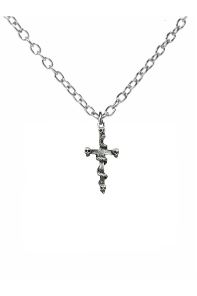 Yılan Sarılı Kurukafa Figürlü Haç Unisex Kolye – 60 cm Zincirli, Metal Gotik ve Alternatif Takı ürün görseli 1