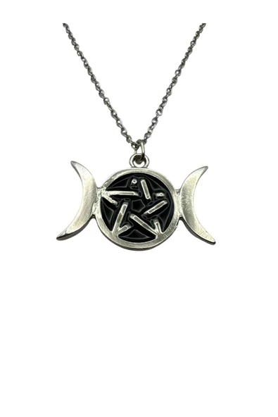 Siyah Moon Pentagram Metal Figürlü Unisex Kolye – 60 cm Zincirli Gotik, Spiritüel ve Mistik Tasarım ürün görseli 1