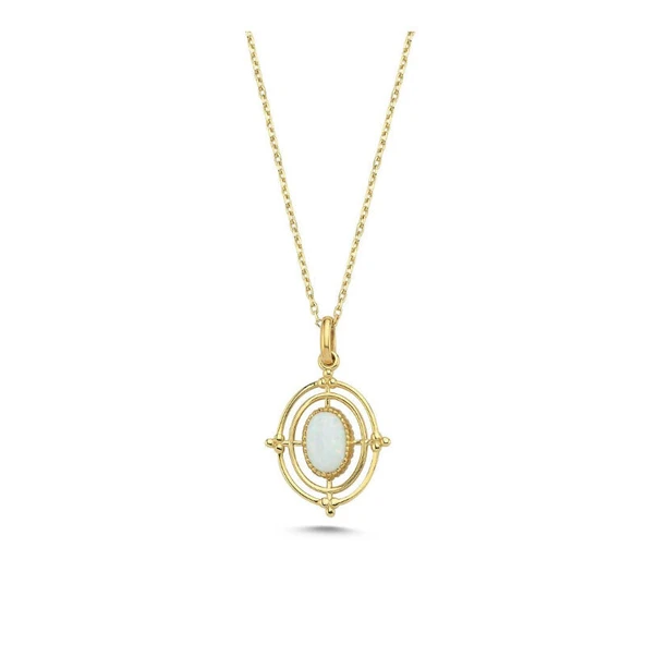 14 Ayar Altın Beyaz Opal Taşlı Oval Vintage Kolye ürün görseli 1