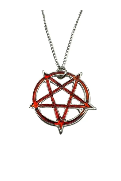 Kırmızı Yuvarlak Pentagram Yıldız Figürlü Unisex Kolye – 60 cm Zincirli Gotik ürün görseli 1