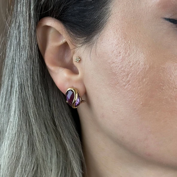 14 Ayar Mor Taş Altın Taşlı Küpe – J Küpe Modeli ürün görseli 1