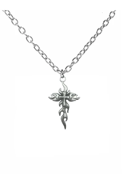 Alevli Haç Kolye – Unisex Metal Takı, 60 cm Zincirli Gotik & Alternatif Stil ürün görseli 1