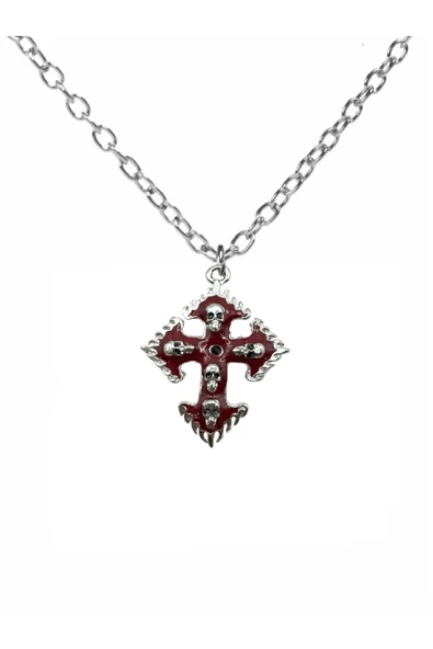 Kırmızı Kurukafalı Haç Kolye – Gotik Unisex Antik Tasarım, 60 cm Zincirli ürün görseli 1