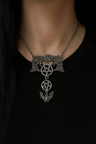 Şeytan Yarasa Ters Pentagram Unisex Gerdanlık Kolye – Gotik ve Mistik Tasarım ürün görseli 1