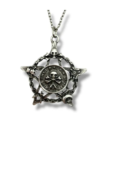 Gothic Kuru Kafa ve Pentagram Figürlü Unisex Kolye – 60 cm Zincirli Gotik, Antik ve Mistik Tasarım ürün görseli 1