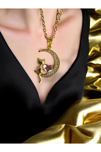 Pembe Taşlı Kedi Figürlü Kadın Kolye – Gold Renk Paslanmaz Çelik, 55 cm Şık ve Sevimli Tasarım ürün görseli 1