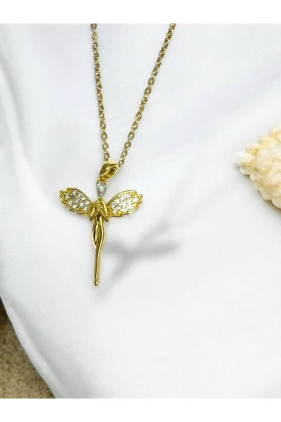 Gold Renk Melek Figürlü Kadın Kolye – Zirkon Taş Detaylı Paslanmaz Çelik, 55 cm Zarif Tasarım ürün görseli 1