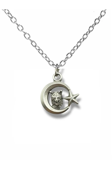 Ay Yıldız ve Bozkurt Figürlü Kolye – Gümüş Renk Türk Motifli Unisex Metal Takı ürün görseli 1