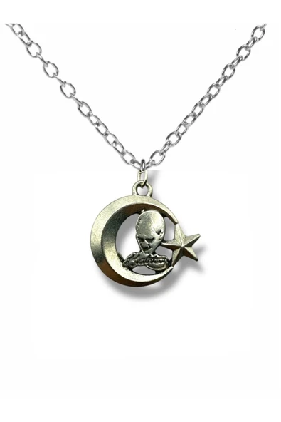 Ay Yıldız ve Atatürk Silüeti Figürlü Kolye – Gümüş Renk Unisex Metal Takı ürün görseli 1