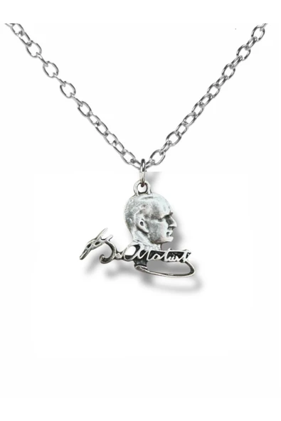 Kemal Atatürk İmza ve Silüet Figürlü Kolye – Gümüş Renk Unisex Metal Takı ürün görseli 1