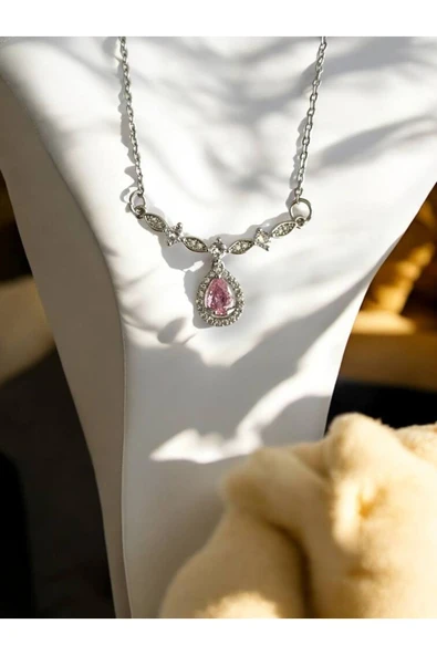 Pembe Zirkon Taşlı Damla Model Kadın Kolye - 55 cm – Paslanmaz Çelik, Zarif ve Işıltılı Tasarım ürün görseli 1