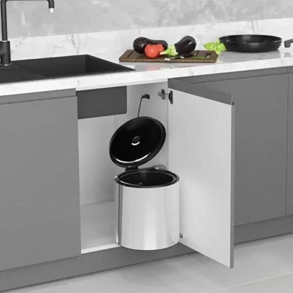 Dolap İçi Otomatik Kapak Çöp Kovası 11 Litre Mutfak Krom Çöp Kovası ürün görseli 1