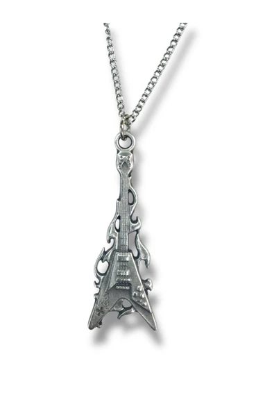 Ateşli Elektro Gitar Tasarımlı Rock Tarzı Kolye – Unisex 60 cm Zincir ürün görseli 1