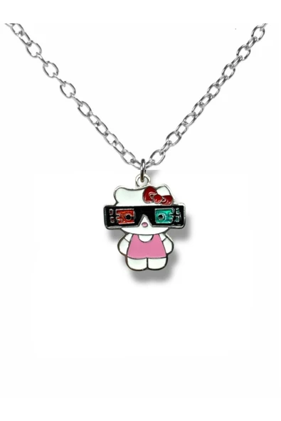 Gözlüklü Hello Kitty Figürlü Kolye – 60 cm Zincirli Sevimli ve Tarz Aksesuar ürün görseli 1