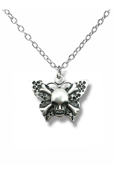 Skull and Butterfly Figürlü Unisex Kolye | Kuru Kafa ve Kelebek Tasarım | Gotik Tarz |60 cm Zincir ürün görseli 1