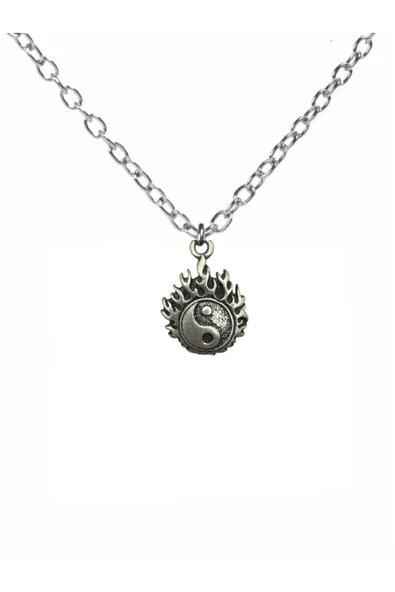 Alev Desenli Ying Yang Sembolü Unisex Kolye – 60 cm Zincirli Metal Denge ve Enerji Temalı Takı ürün görseli 1
