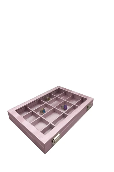 Cam Kapaklı İmera Kumaş Pembe Renk 34 cm / 24 cm Bölmeli Takı Standı ürün görseli 1