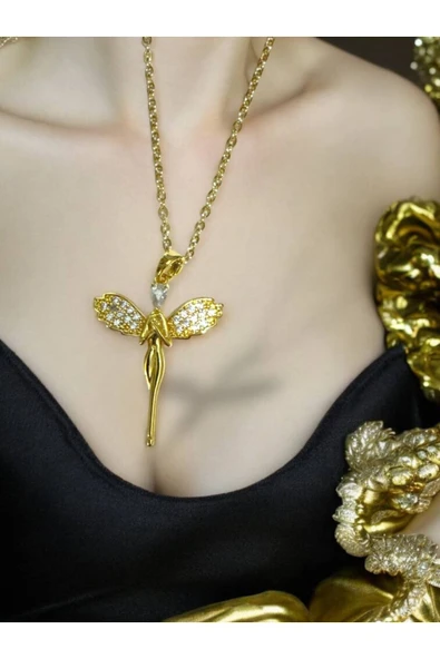 Gold Renk Zirkon Taşlı Melek Model Kadın Kolye – 55 cm Paslanmaz Çelik, Zarif ve Anlamlı Tasarım ürün görseli 1