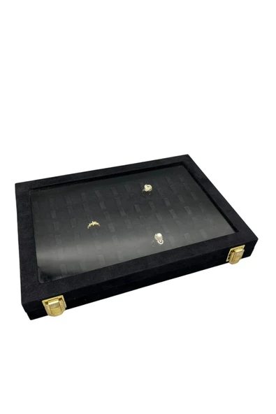 Cam Kapaklı Süet Kumaş Siyah Renk 34 cm / 24 cm Tırnaklı Yüzük Sergileme Standı ürün görseli 1