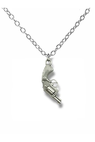 Silah Figürlü Gümüş Renk Unisex Metal Kolye – Güç ve Asi Tarzın Simgesi ürün görseli 1