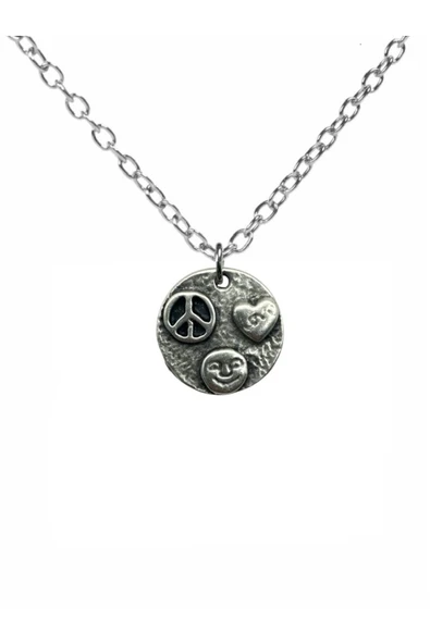Peace, Kalp ve Gülümseme Sembollü Unisex Kolye – 60 cm Zincirli, Üçlü Sembol Anlamlı Takı ürün görseli 1