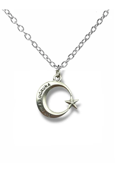 “Bir Hilal Uğruna” Yazılı Ay Yıldız Figürlü Kolye – Gümüş Renk Unisex Zamak Metal Takı ürün görseli 1