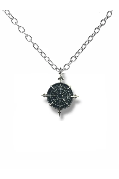Viking Pusulası Antik Görünümlü Unisex Kolye – 60 cm Zincirli, Vegvísir Sembolüyle Koruma ürün görseli 1