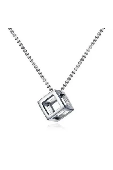 Minimal Kare Boş Küp Charm Kolye – 60 cm Zincirli Zamak Kaplama Unisex Geometrik Aksesuar ürün görseli 1
