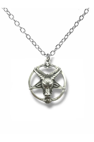 Ters Pentagram ve Goat Head Figürlü Gümüş Renk Unisex Kolye – 60 cm Zincirli Gotik Takı ürün görseli 1